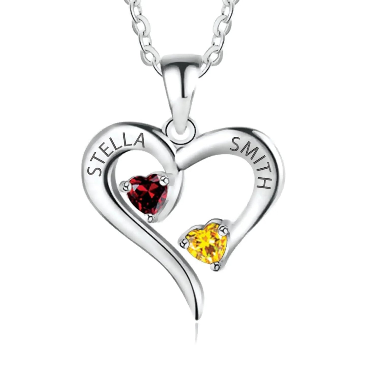 Personalised couple name silver necklace with birthstones