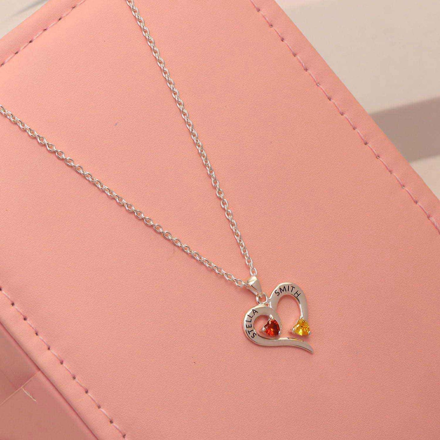 Personalised couple name silver necklace with birthstones