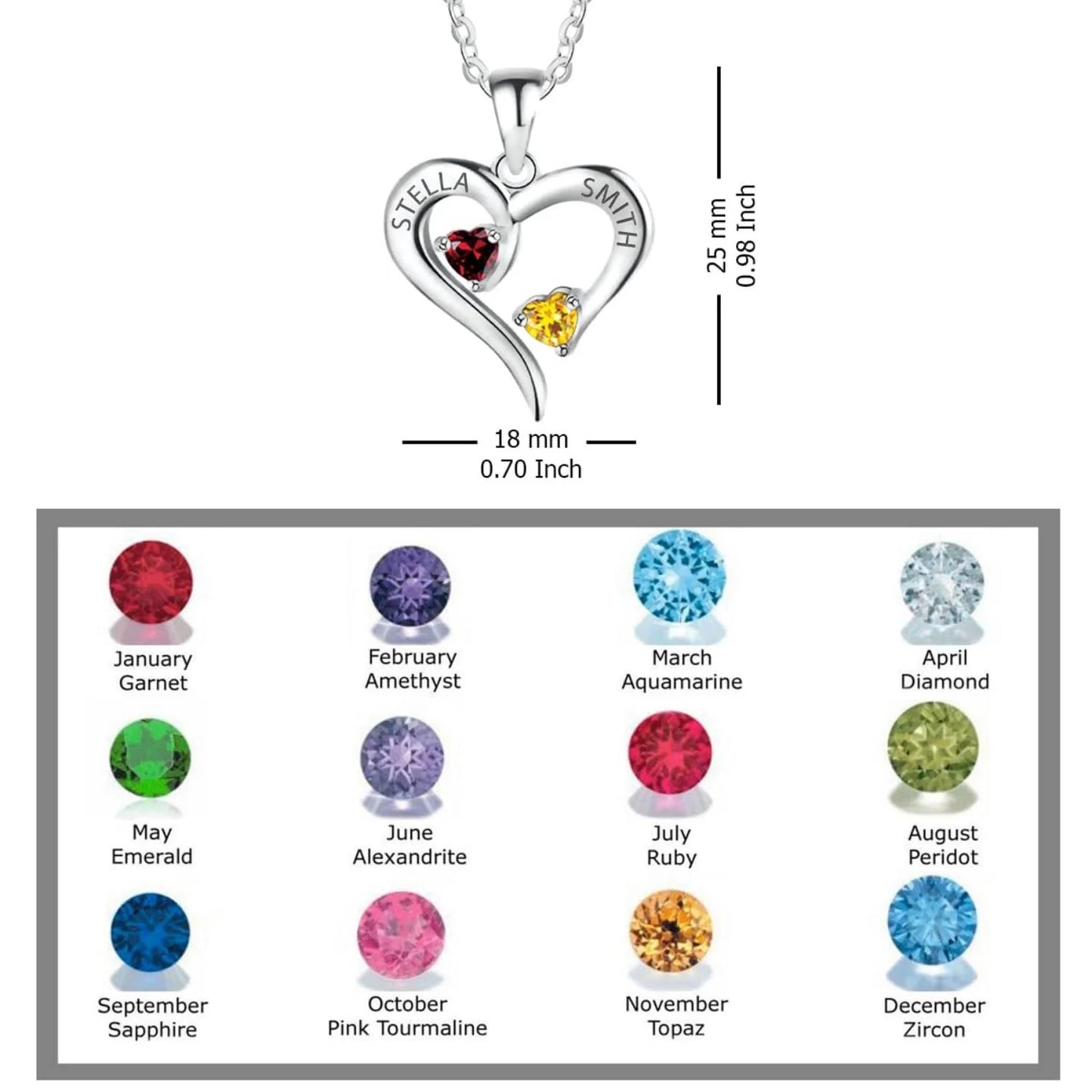 Personalised couple name silver necklace with birthstones