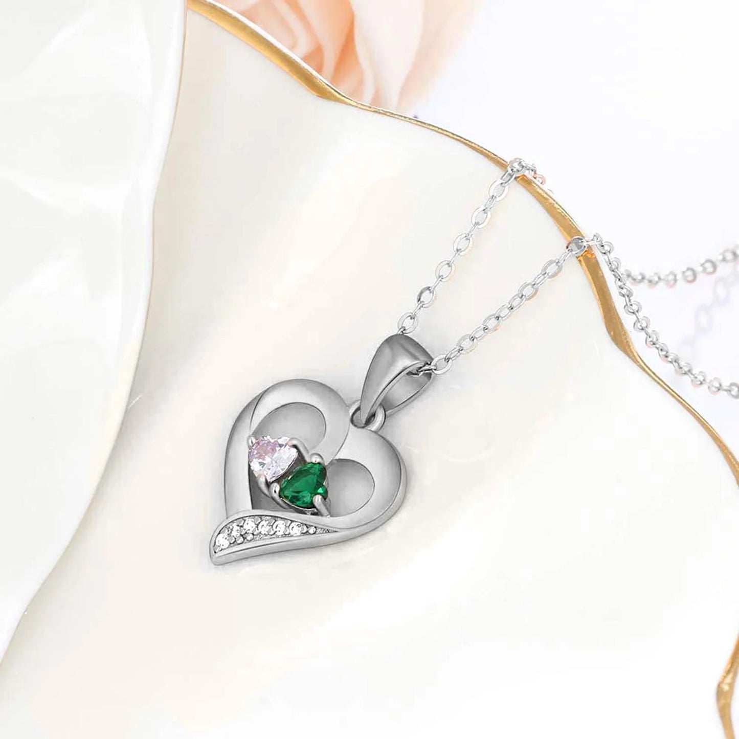 Personalised couple name heart birthstone silver necklace