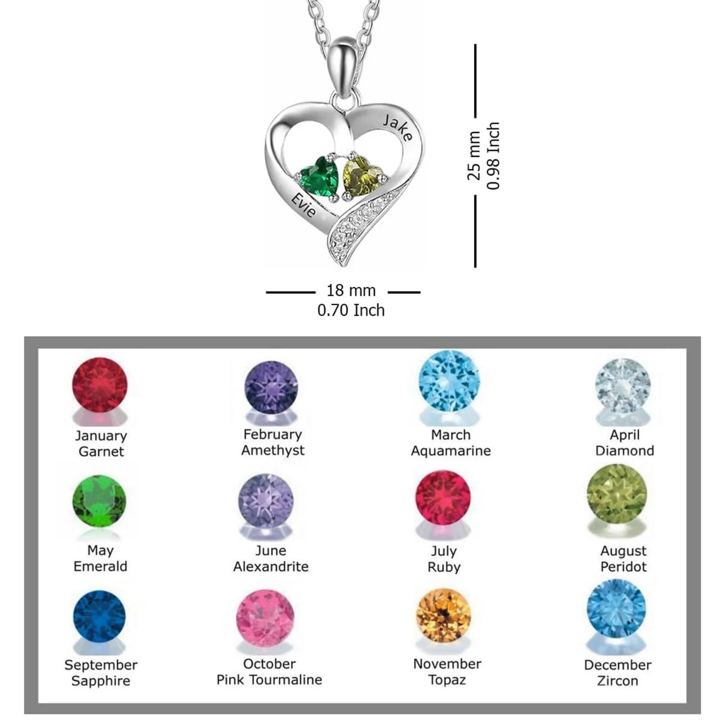 Personalised couple name heart birthstone silver necklace