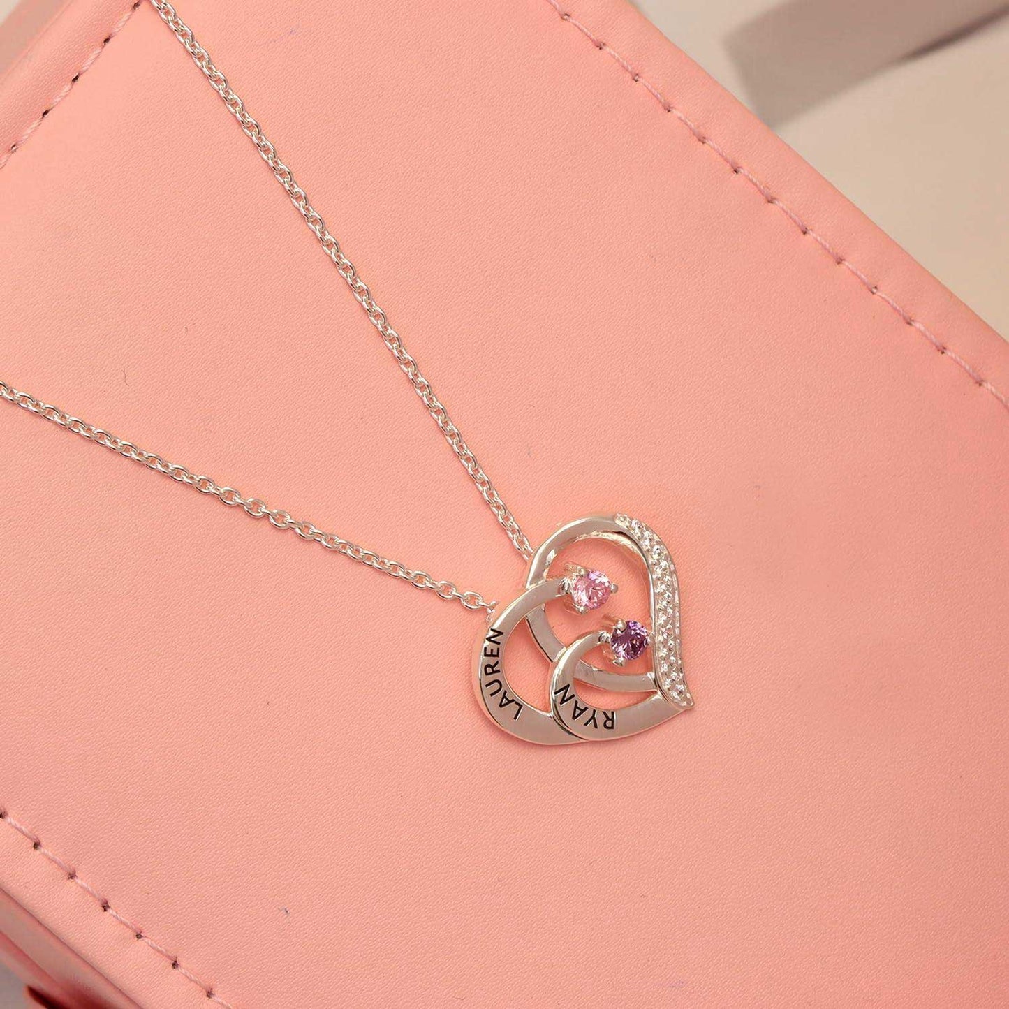 Personalised couple name with birthstones silver necklace