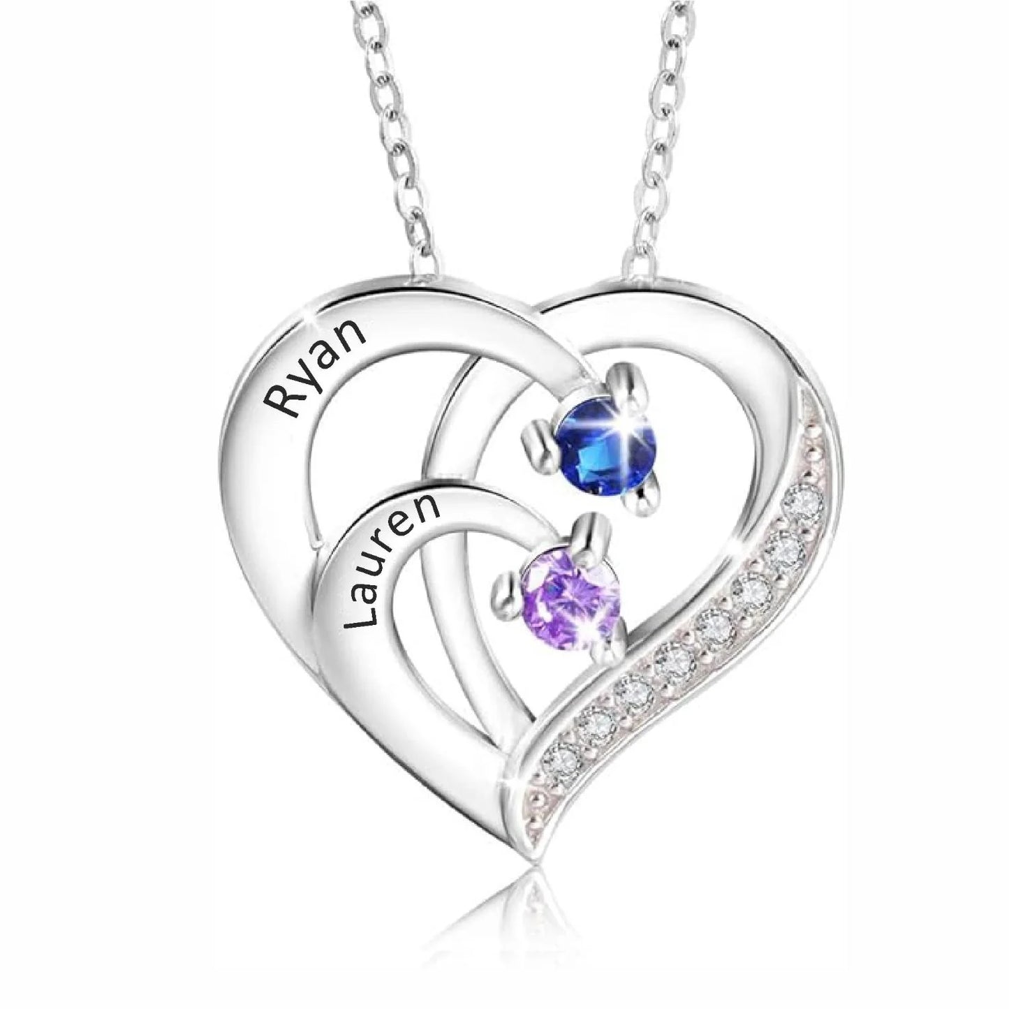 Personalised couple name with birthstones silver necklace