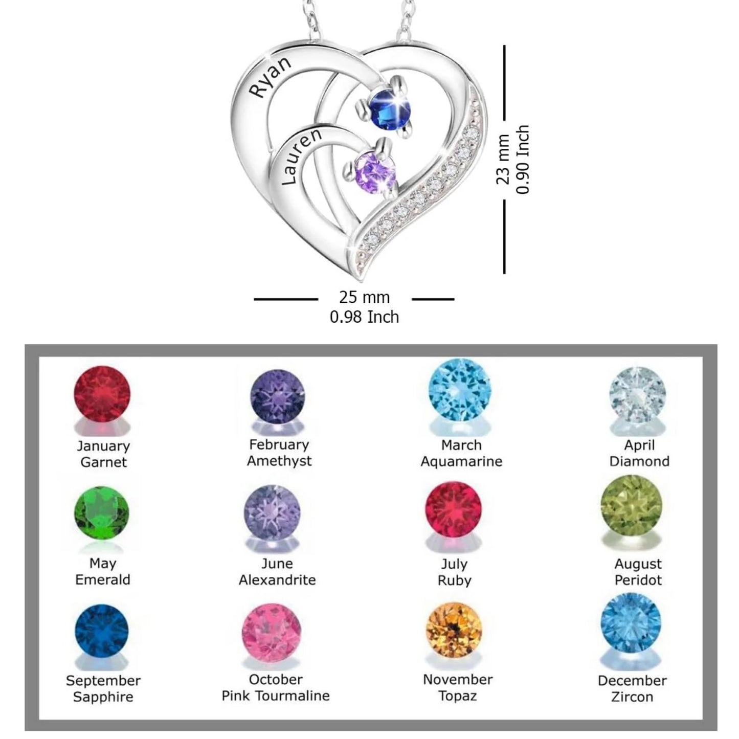 Personalised couple name with birthstones silver necklace