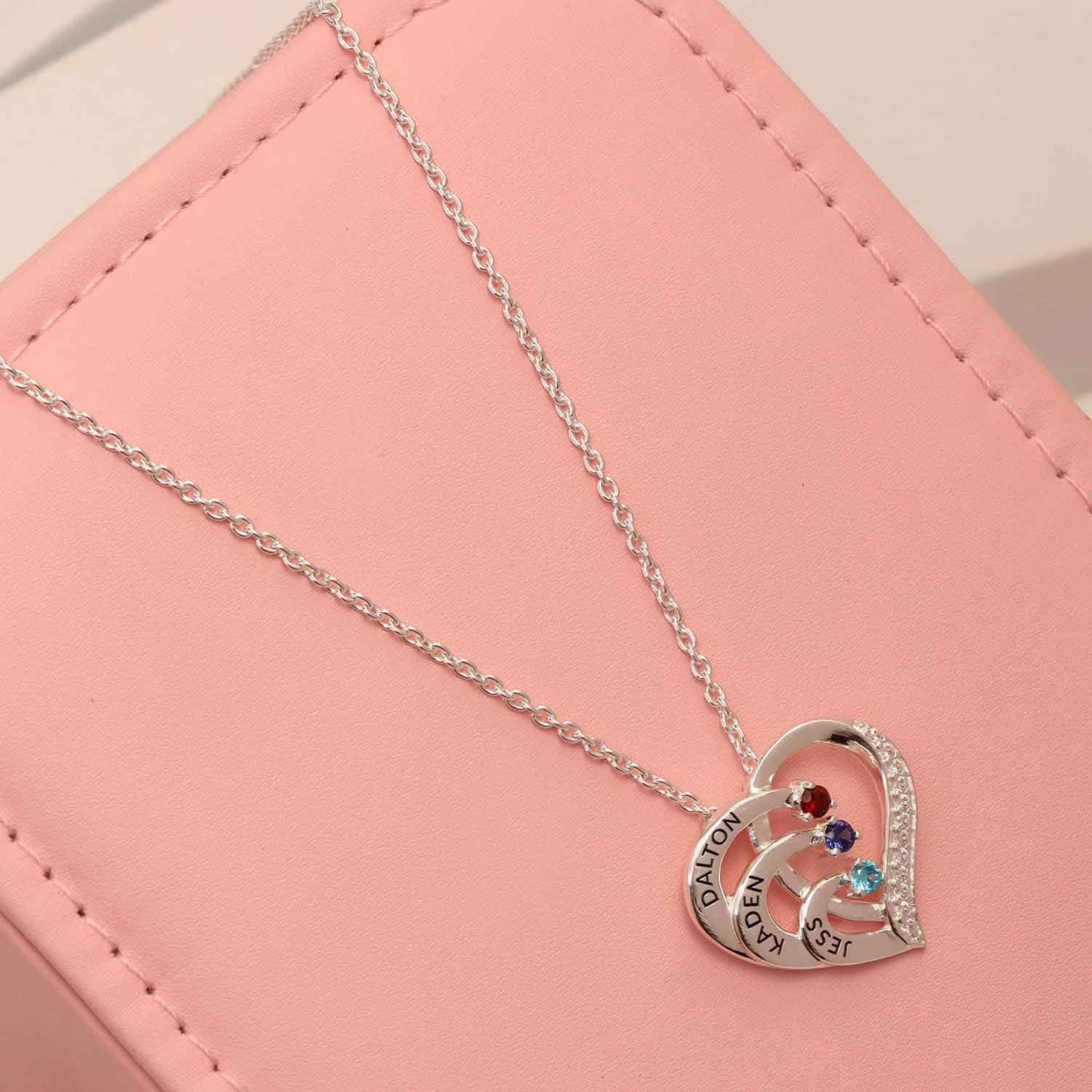 Personalised three names with bithstones silver heart necklace