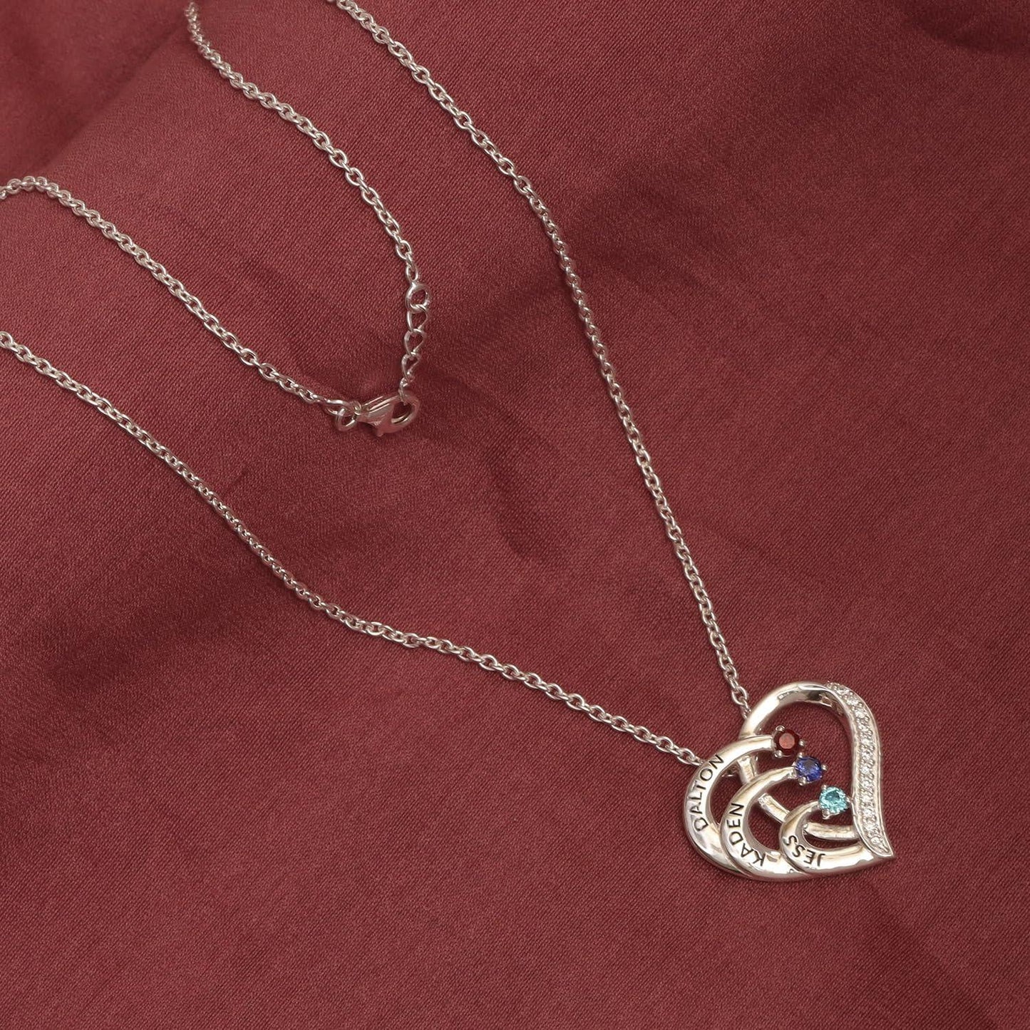Personalised three names with bithstones silver heart necklace