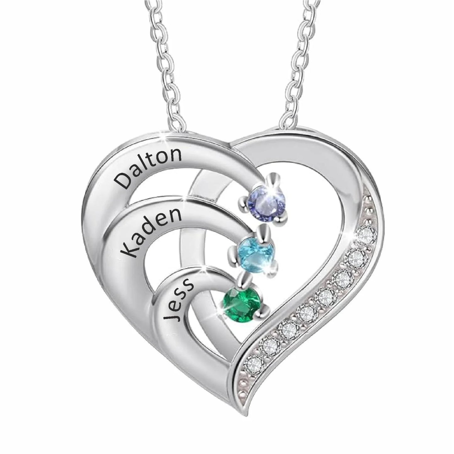 Personalised three names with bithstones silver heart necklace