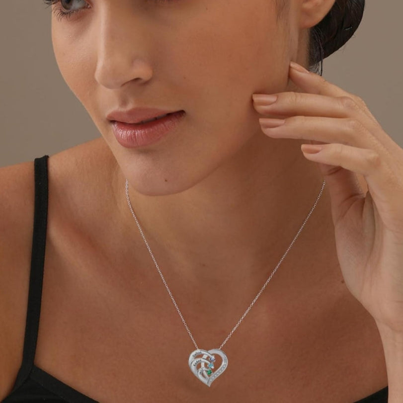 Personalised three names with bithstones silver heart necklace