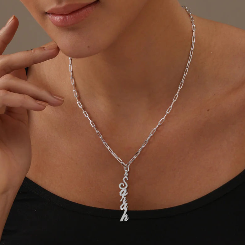 Personalised vertical name paper clip chain silver necklace