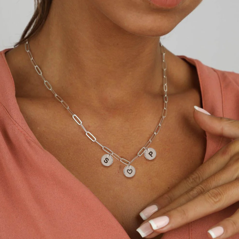Personalised silver disc charm couple initial necklace