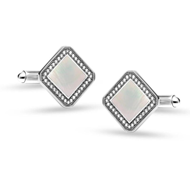 Mother of Pearl Silver Zircon Outline Cufflink