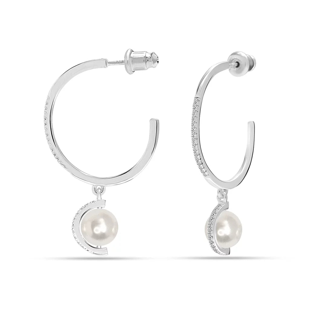 Pearl Drop CZ Silver Hoop Earrings