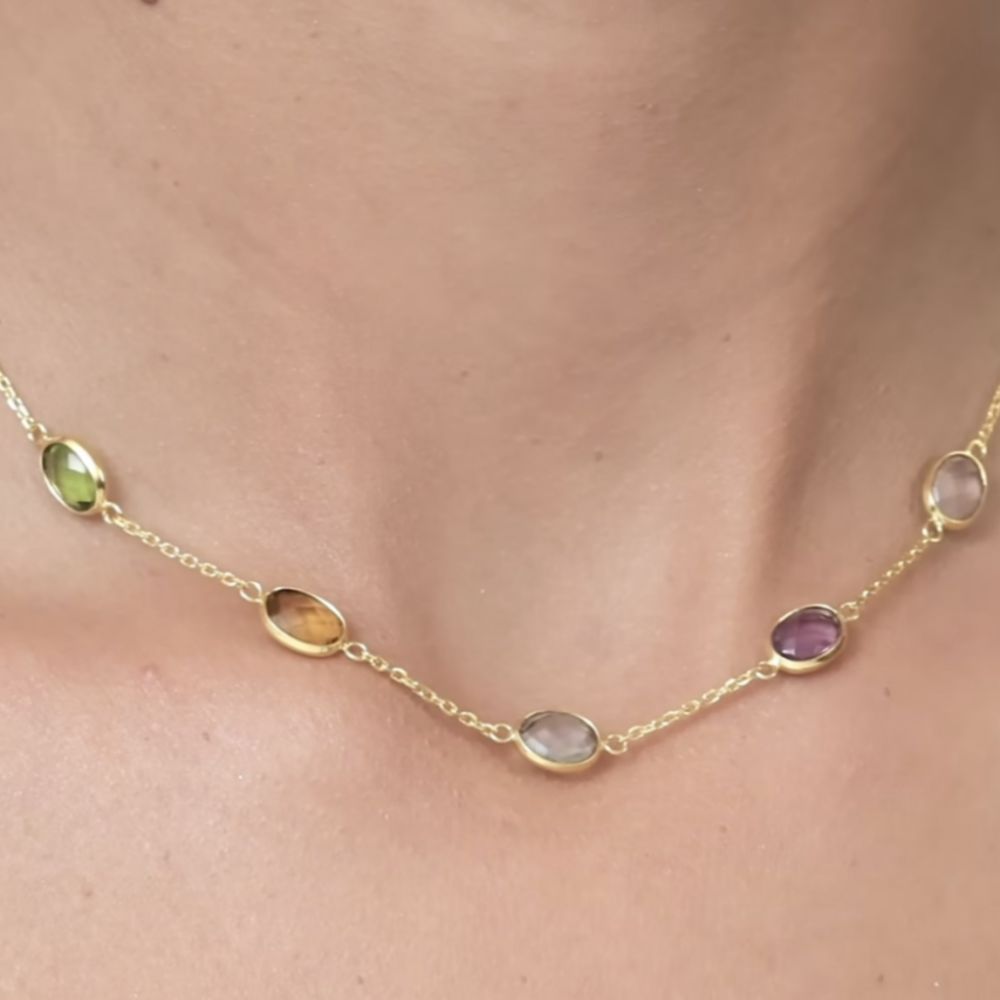 Multi Gemstones Gold Plated Silver Necklace