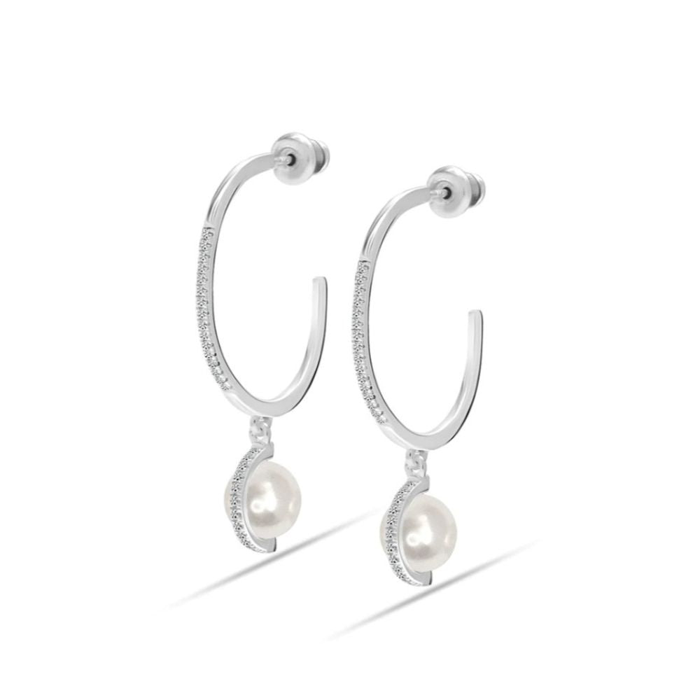Pearl Drop CZ Silver Hoop Earrings
