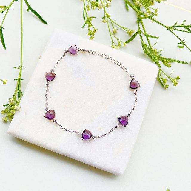 Amethyst Quartz Silver Gemstone Bracelet
