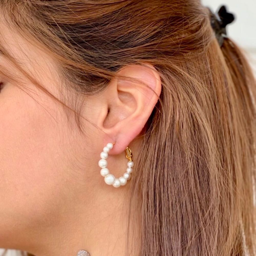 Gold Pearl Silver Hoop Earrings