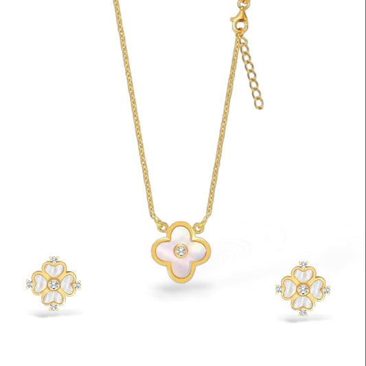 Lucky clover 18 k gold plated silver necklace set