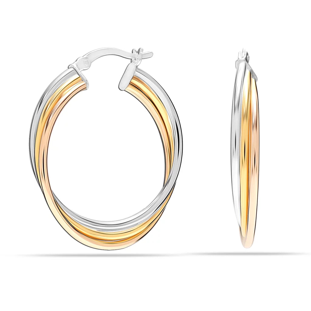 Tri-Tone Intertwining Round Tube Hoop Earrings