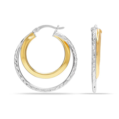 Dual Tone Diamond Cut Silver Hoop Earrings