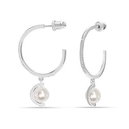Pearl Drop CZ Silver Hoop Earrings