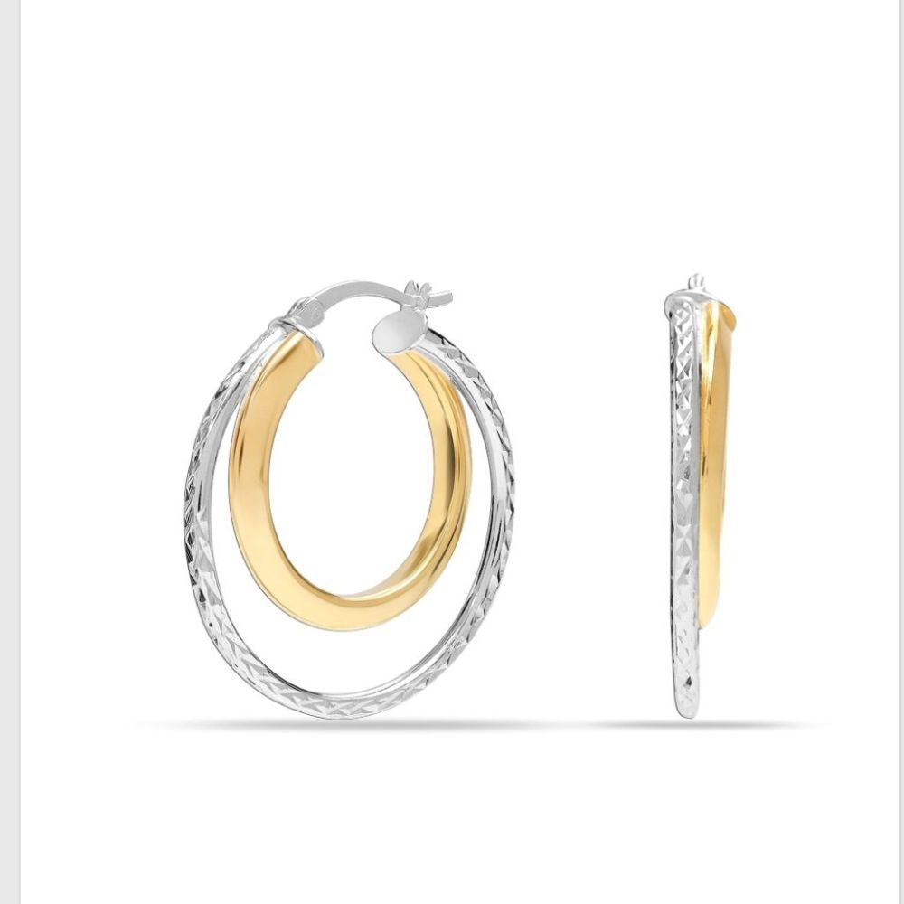 Dual Tone Diamond Cut Silver Hoop Earrings